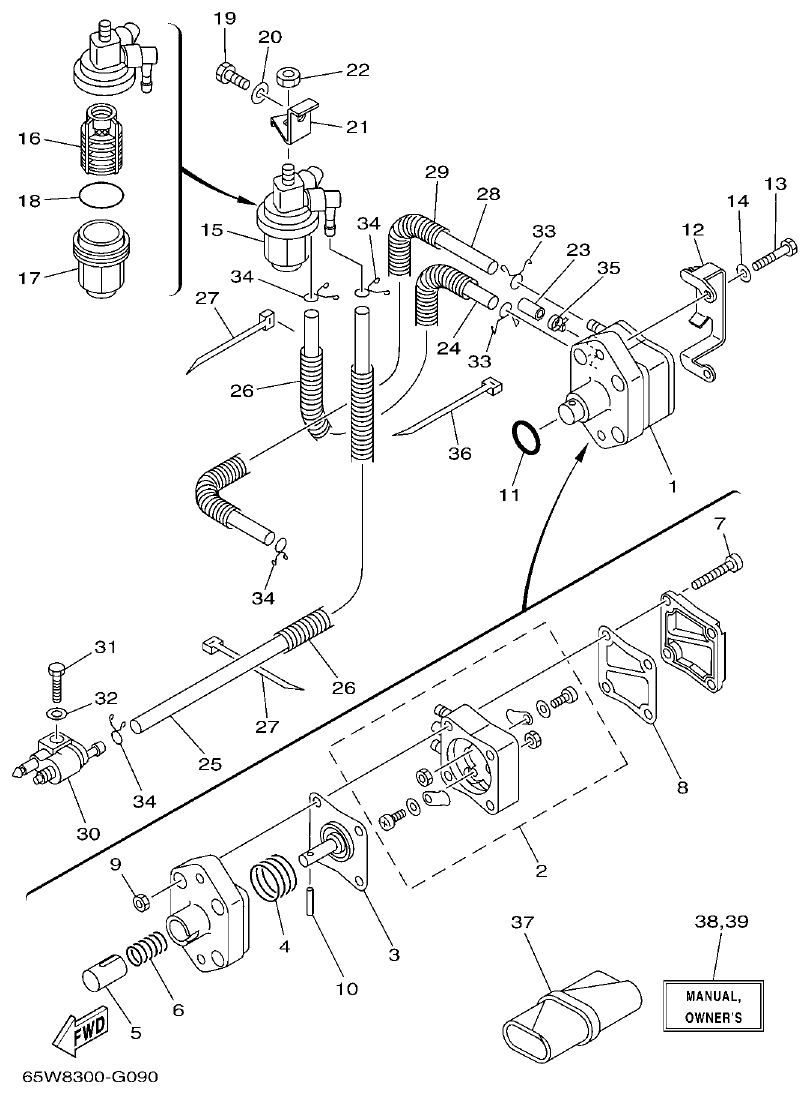 Yamaha F20A, F25A FUEL parts diagram